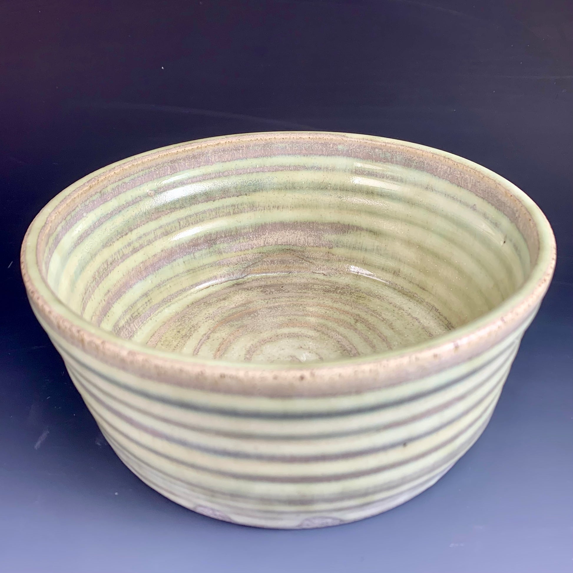 Inside view of Green and Gray ceramic storage container on dark background, lid off