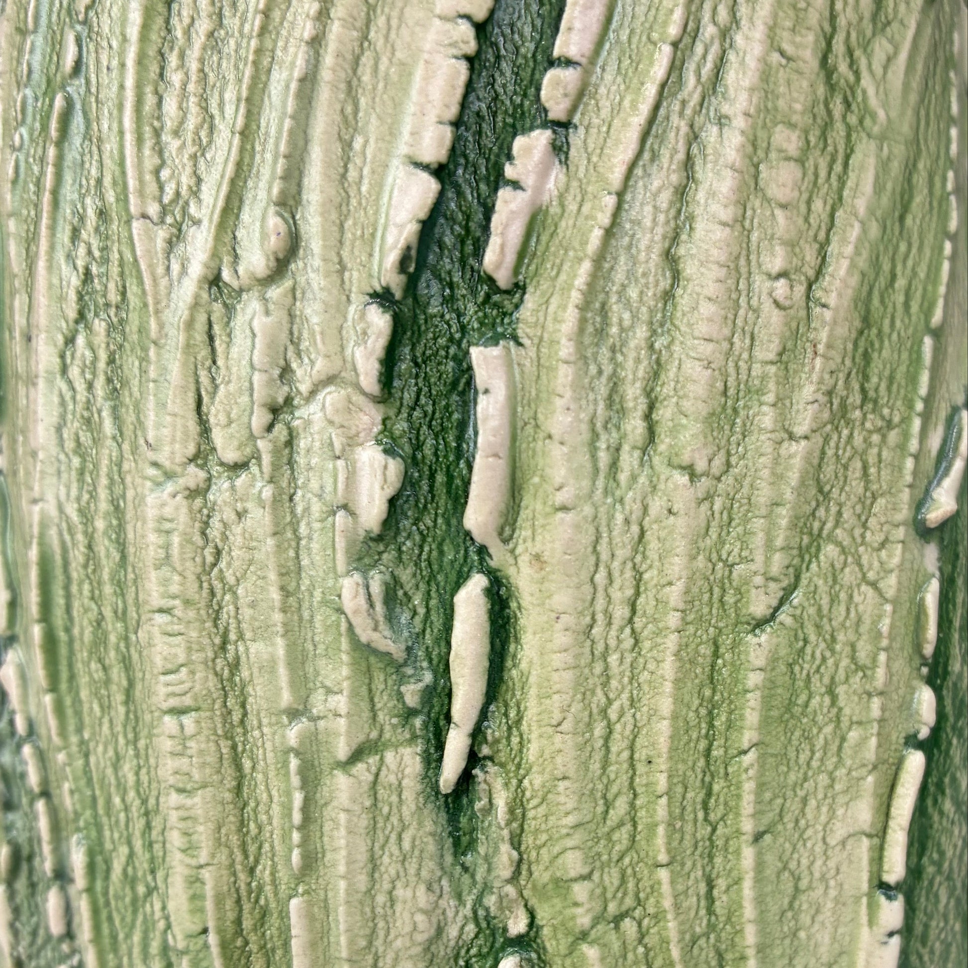 Close-up of ceramic surface texture layered with green pigment