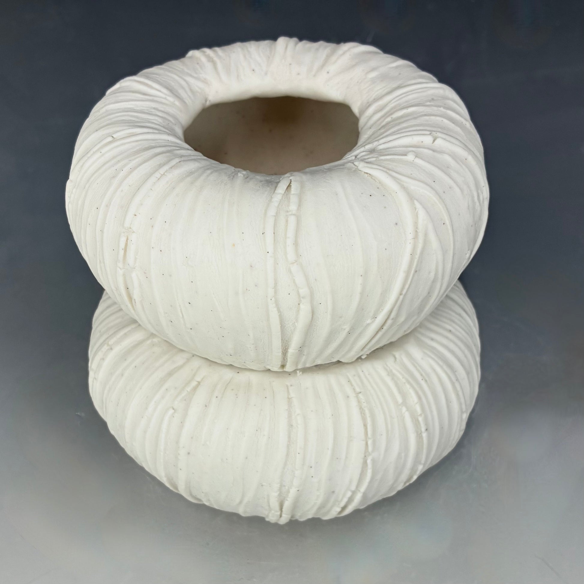  white ribbed ceramic vase  on a gray background