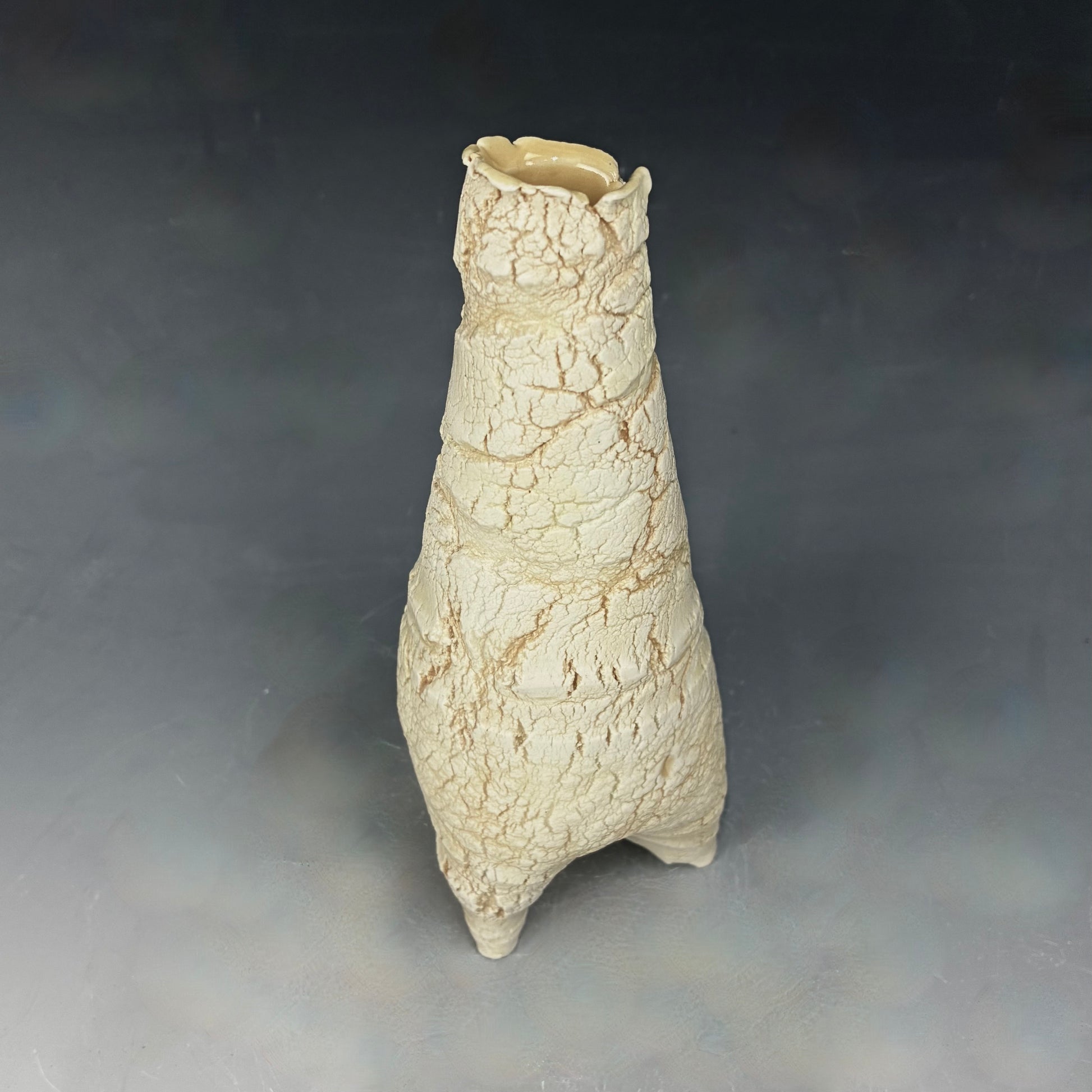 Textured ceramic vase on a gray background